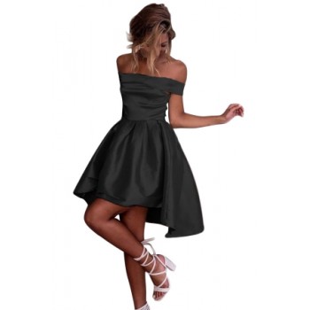 Black Off Shoulder Pleated Satin Homecoming Dress PINK